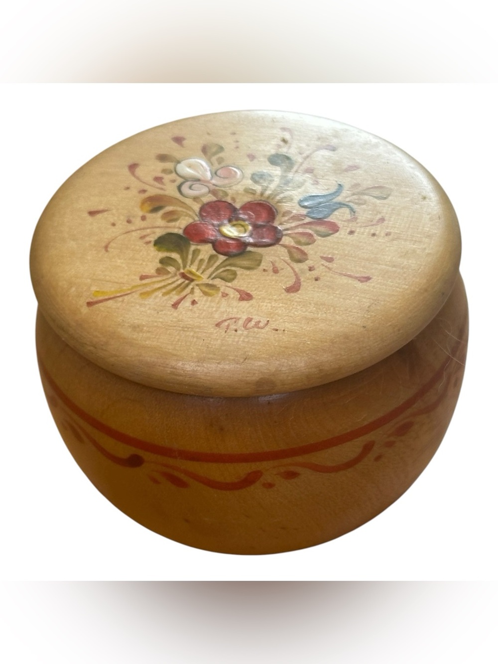 Vintage Hand Painted Wooden Trinket Box Floral Folk Art Round Signed 3” - Picture 2 of 6